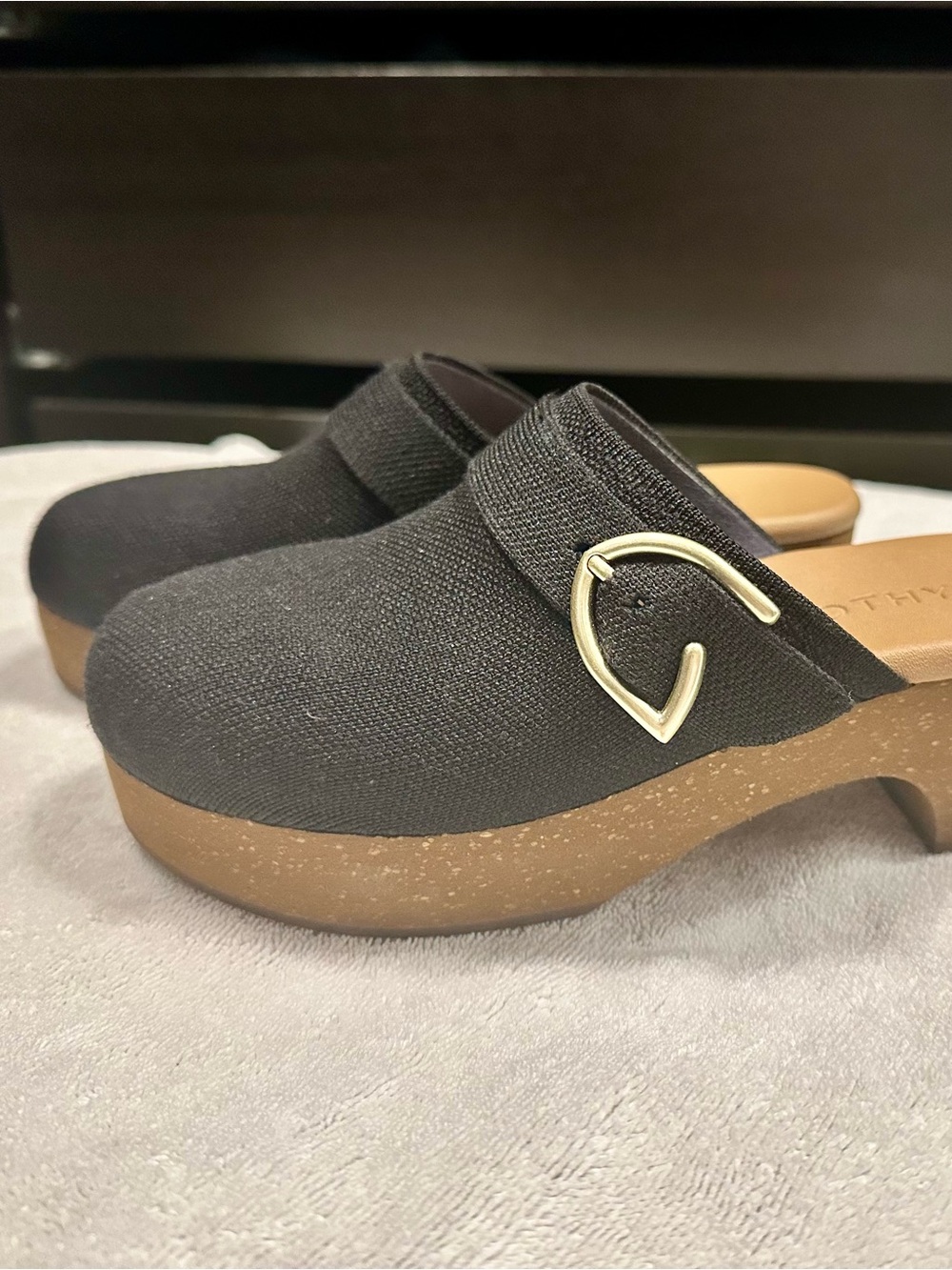 Rothy's Black Knit Clog with Gold Buckle